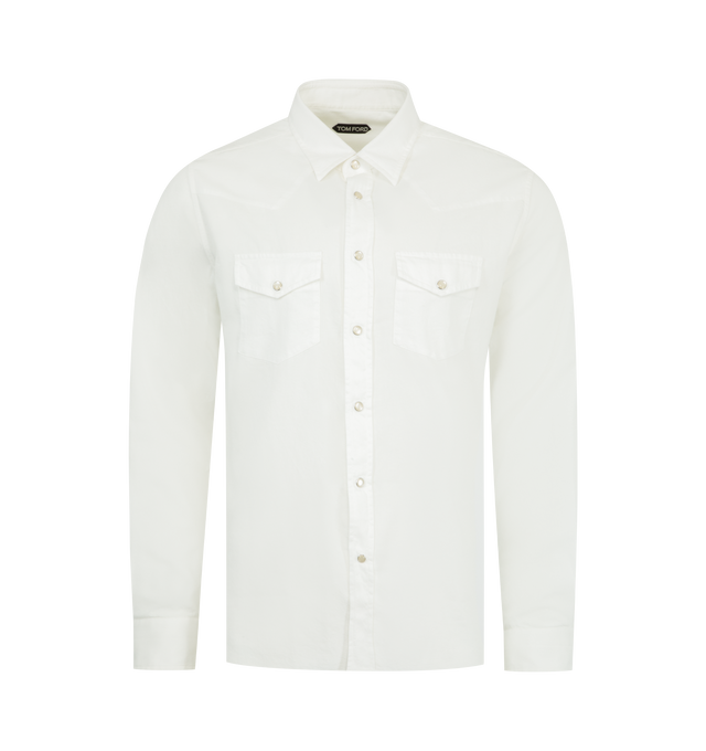 Image 1 of 2 - WHITE - TOM FORD Western Twill Shirt featuring western style, classic collar, front press-stud fastening, long sleeves, press-stud fastening cuffs, two chest flap pockets and curved hem. 100% cotton.