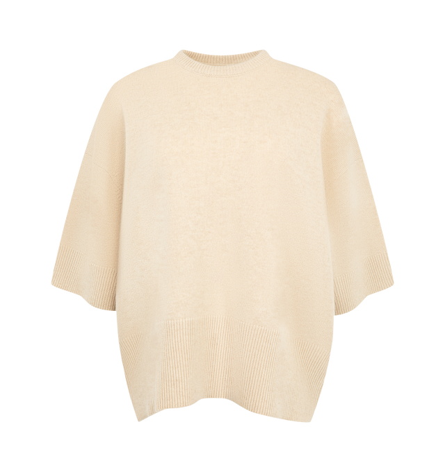 Image 1 of 2 - NEUTRAL - Extreme Cashmere Women's N433 Sassie Sweater is crafted from medium-weight cashmere and features a relaxed fit with a classic crew neckline, elbow-length short sleeves, and rib-knit trims at the neckline, cuffs, and hem. This designer cashmere sweater combines exceptional softness with timeless comfort, making it a versatile wardrobe staple that transitions effortlessly from casual to elevated styling. Main Material: 100% Cashmere.