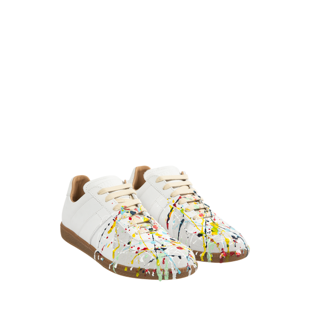Image 2 of 5 - WHITE - MAISON MARGIELA Paint Replica Sneakers featuring nubuck leather and velour, a paint splatter design, logo label on the tab, white stitching at the back, handmade color treatment, internal Replica label, internal elastic and all-over logo insole. 100% calf leather. Made in Italy