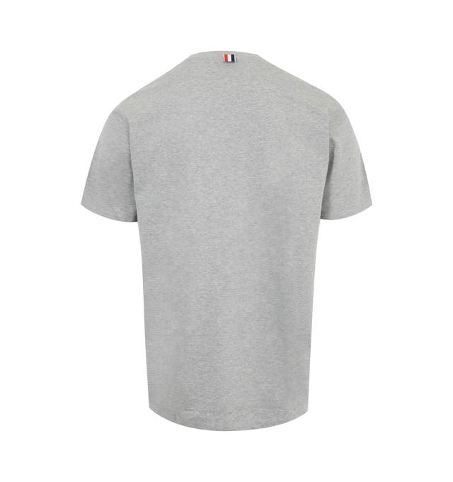 Image 2 of 2 - GREY - Thom Browne Men's Jersey Relaxed Side Slit Tee is enriched with a breathable side slit and Thom Browne emblems throughout. Featuring bound crew neckline, name tag applique above hem, shallow side slits, signature striped grosgrain loop tab at back of neck. 100% Cotton. Made in Japan.