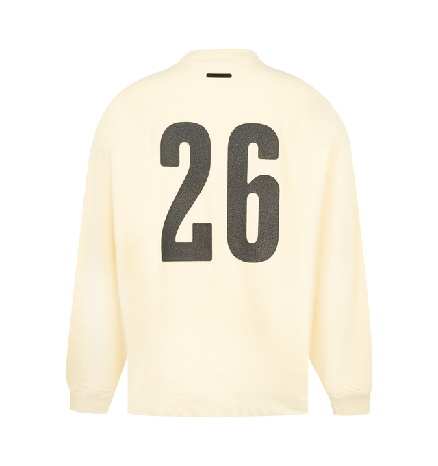 Image 2 of 2 - NEUTRAL - Fear of God Mens Merch Long Sleeve T-Shirt is crafted from heavyweight 300 GSM cotton jersey. Features a boxy relaxed fit, dropped shoulders, ribbed crew neckline and cuffs, crackle-printed Fear of God graphic at the front, crackle-printed "26" graphic at the back, and an Essentials signature label at the back collar. Main Material: 100% Cotton.