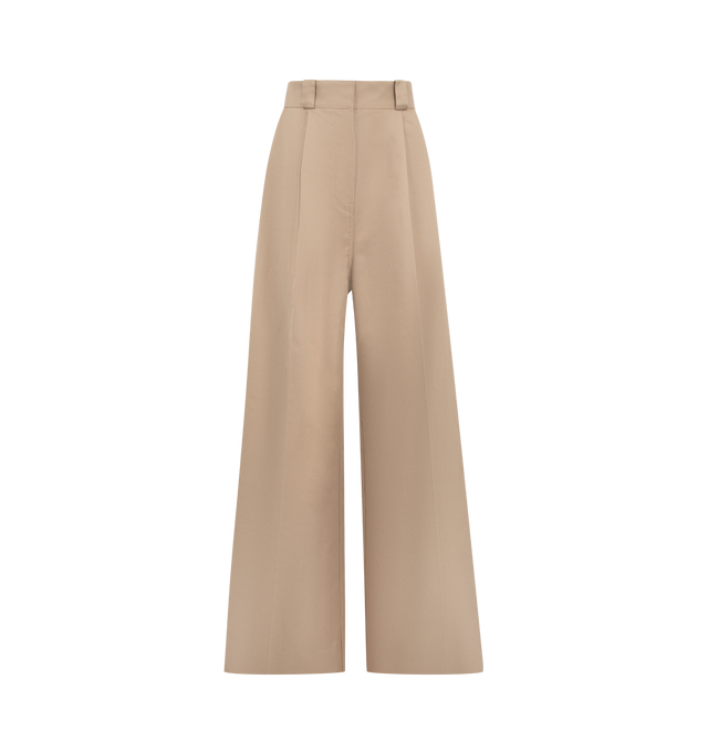 Image 1 of 3 - BROWN - BALENCIAGA High-Waist Pants featuring cotton twill, high-waist, wide, flared legs, covered zip fly with an invisible snap button, 6 belt loops, 2 front slash pockets, 2 back piped pockets, front creased legs and grey leather jacron patch with Balenciaga logo at the back. 100% cotton. Made in Italy.