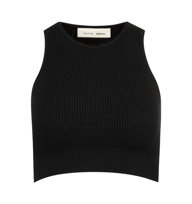 Image 1 of 2 - BLACK - FEAR OF GOD ESSENTIALS Waffle Sport Tank featuring poly-nylon waffle knit, form fitting, cropped and a Fear of God Essentials label positioned at the back. 88% polyester, 12% nylon waffle knit.
