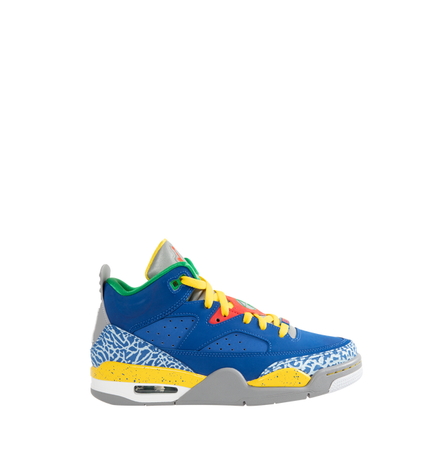 Image 1 of 5 - BLUE - Men's Jordan Son of Mars Low Sneakers feature real and synthetic leather overlays with perforated side panels for a durable, breathable design inspired by iconic Jordan heritage. These lifestyle sneakers combine a visible Air-Sole unit, a full-length foam midsole, and a durable rubber outsole for responsive cushioning, lasting stability, and everyday traction. Main Material: Real and Synthetic Leather. Midsole: Full-Length Foam with Visible Air-Sole Unit. Sole: Rubber.