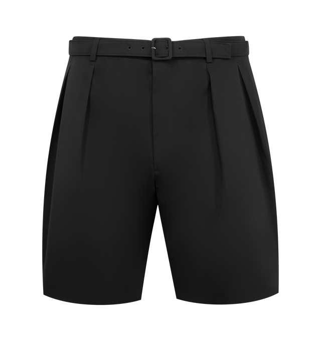Image 1 of 3 - BLACK - SAINT LAURENT Belted Shorts in cotton poplin featuring belted tailored bermuda shorts made with certified cotton with a wide-leg, double-pleat, concealed front button and zip closure, two slash pockets at the front, two welt pockets at the back and adjustable pin-buckle belt. 100% cotton. Made in Italy.