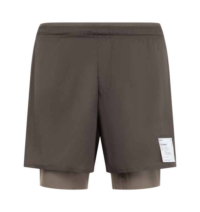 Image 1 of 3 - BROWN - Satisfy Men's TechSilk 8" Shorts are crafted from lightweight French-engineered TechSilk and feature a 5-inch shell paired with an 8-inch Justice TechSilk Evo liner. Designed for long-distance performance, the fast-drying construction is enhanced with Coldblack treatment for cooling, odor control, UV protection, and four-way stretch. Functional details include a sweat-resistant hidden phone pocket, double waistband with internal drawcords, a mini S-Carabiner for keys, and reflective