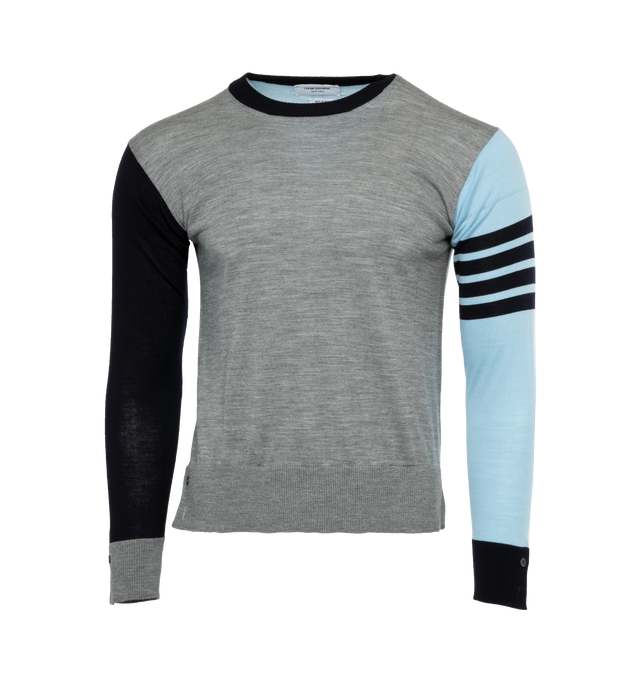 Image 1 of 3 - GREY - THOM BROWNE Funmix 4-Bar Sweater featuring rib knit crewneck, hem, and cuffs, button vent at side seams and cuffs, intarsia stripes at sleeve and tricolor logo flag at back collar. 100% virgin wool. Made in Italy. 