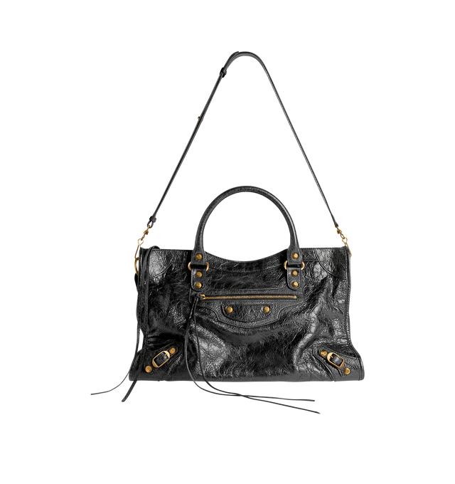 Image 3 of 4 - BLACK - BALENCIAGA Le City Bag Medium featuring arena lambskin, two leather hand-braided handles, adjustable and removable shoulder strap, aged-gold hardware, zipped closure with knotted leather puller, front zipped pocket with knotted leather puller, 1 inner zipped pocket and cotton canvas lining. 15.1" x 9.4" x 5.9". Lambskin. Made in Italy.