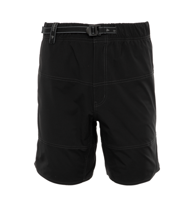 Image 1 of 4 - BLACK - AND WANDER Wave Shorts featuring classic, plain polyester water-repellent fabric with stretch, pockets with drainage holes and adjustable belt. 100% polyester. Made in China. 