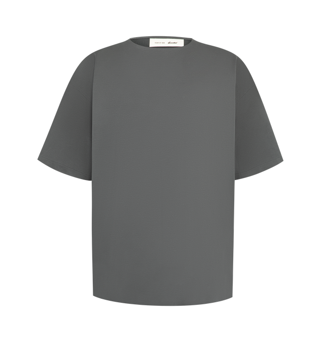 Image 1 of 2 - GREY - The Fear Of God Men's Modern Tee is crafted from 180GSM Ponte jersey and designed in a relaxed fit with dropped shoulders and 3/4-length sleeves. Details include a rib-knit collar and Essentials signature label at the center front.