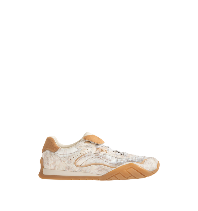 Image 1 of 5 - NEUTRAL - FENDI Wave Pulse Sneaker featuring low-tops, lace-up, made of technical fabric with a white graphic print an beige suede inserts, cavallino calfskin fold-over tongue and heel counter, three-dimensional rubber logo on the side, gold metal Fendi logo on the tongue, rubber running sole with wraparound edge on the side and diagonal F motif. 100% calfskin, 100% polyamide, inside: 100% lamb leather. Made in Italy.