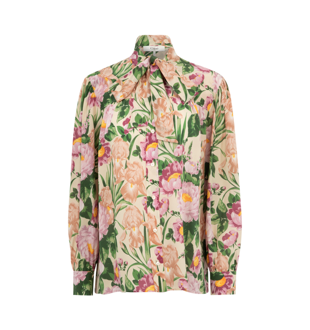 Image 1 of 2 - MULTI - CHLOE Floral Blouse featuring long sleevs, button front closure, button cuffs, neck tie and floral print throughout.
