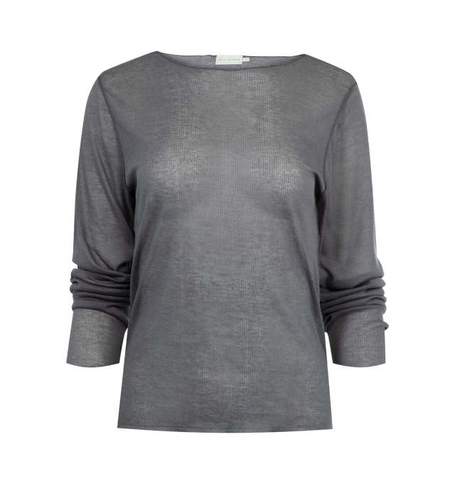 Image 1 of 2 - GREY - DEIJI STUDIOS Knit Long Sleeve featuring sheer fine knit long sleeved top with exposed seams and tag, baby locked finishes and a relaxed fit. 65% ecovero, 35% recycled polyester.