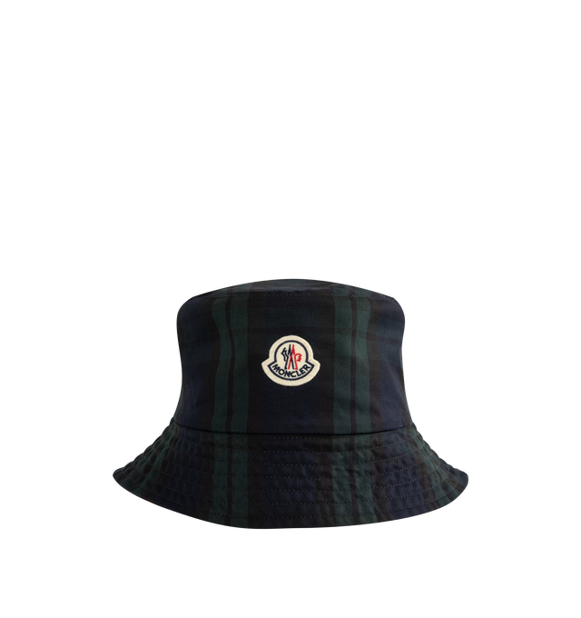 Image 1 of 2 - NAVY - MONCLER Reversible Bucket Hat featuring cotton, nylon drill lining, plaid pattern, reversible and logo patch. 100% cotton. Lining: 100% polyamide/nylon.