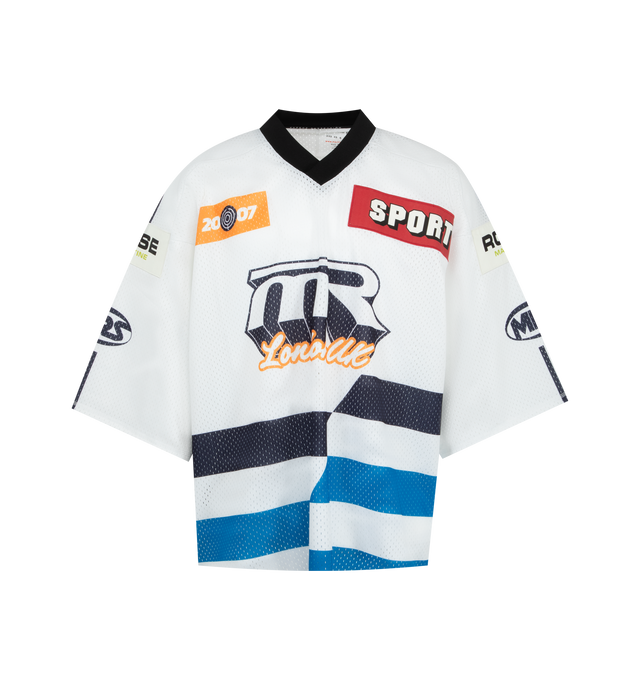 Image 1 of 2 - WHITE - MARTINE ROSE Oversized Hockey T-shirt featuring printed and patches all over, a ribbed v-neckline, dropped shoulders, long sleeves, mesh, a straight hem and an oversized fit. 100% polyester.