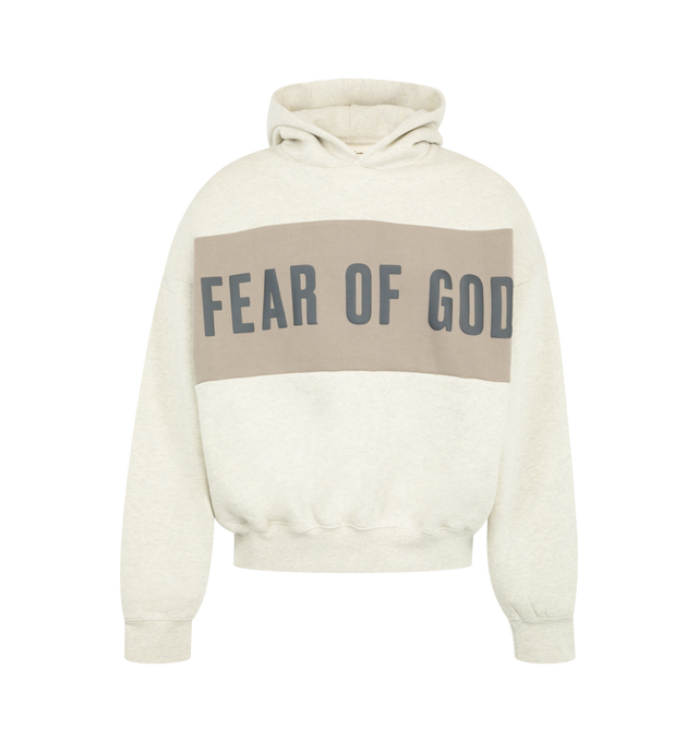 Image 1 of 2 - NEUTRAL - Fear of God Essentials Mens Cropped Relaxed Paneled Hoodie is crafted from heavyweight 380 GSM cotton-blend core fleece. Features a relaxed cropped fit, paneled construction, hood, side pockets, ribbed cuffs and hem, puff-printed Fear of God graphic at the front, puff-printed Essentials graphic at the back, and an Essentials signature label on the hood. Main Material: 80% Cotton, 20% Polyester.