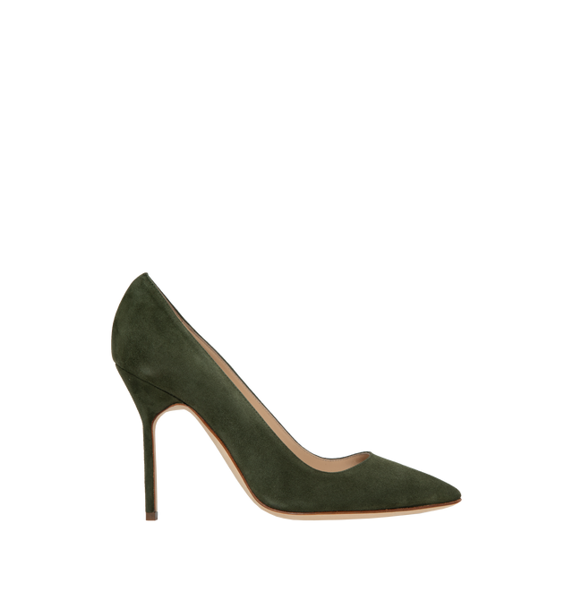 Image 1 of 4 - GREEN - MANOLO BLAHNIK BB PUMP 105MM featuring suede pointed toe and stiletto high heel. 105MM. 100% kid suede. 