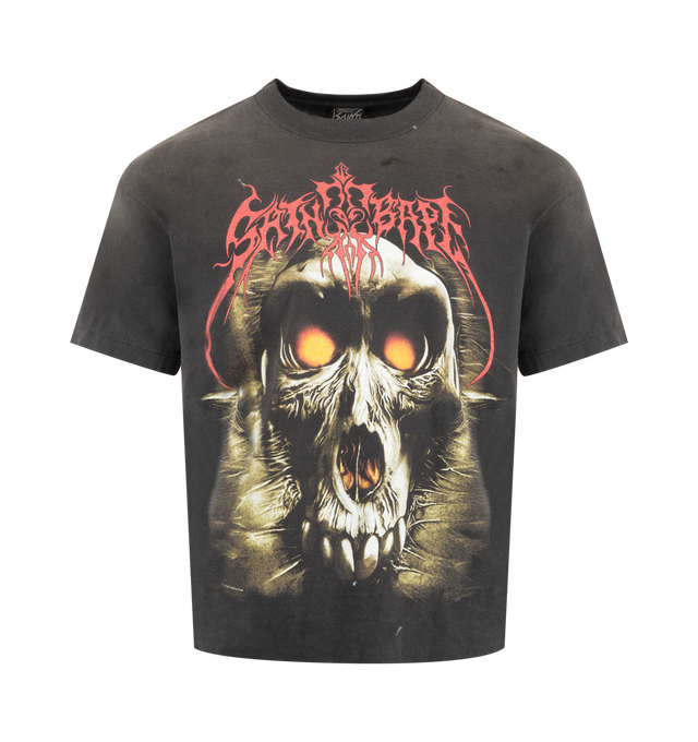 Image 1 of 2 - BLACK - ST MICHAEL Bape Saint Bape T-Shirt featuring vintage treatment, crew neck, short sleeves and graphic on front and back. 100% cotton. Made in Japan.