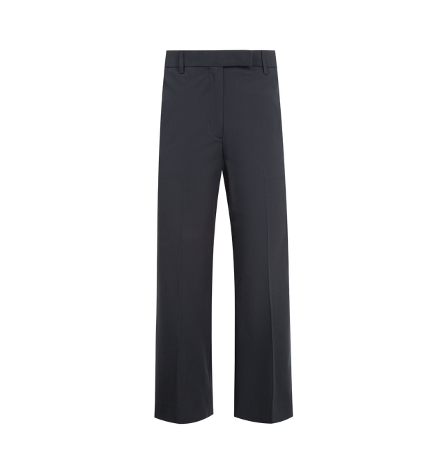Image 1 of 3 - NAVY - THOM BROWNE Cotton Suiting Beltloop Relaxed Trousers featuring tab closure with zip fly, slip hand pockets with RWB grosgrain trim, buttoned back welt pockets, creased legs, signature striped grosgrain loop tab and relaxed fit. 100% cotton. Made in Italy.