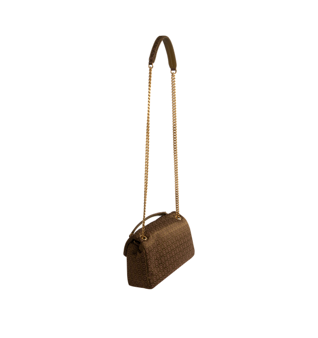Image 3 of 4 - BROWN - SAINT LAURENT Calypso Small Bag featuring supple bag in medallion jacquard, decorated with the cassandre, sliding chain strap, cotton lining, bronze-tone hardware, magnetic snap closure and one zip pocket. 10.2 x 5.5 x 2.7 inches. Handle drop: 10.620.1 inches. Acetate, viscose, polyester, metal. Made in Italy.