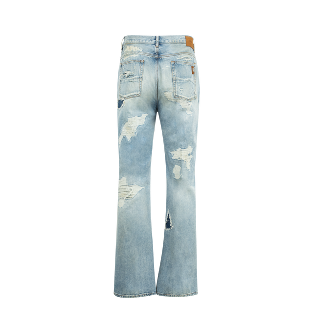 Image 2 of 3 - BLUE - AMIRI Bootcut Jeans featuring heavy distressing, regular fit, five-pocket style, bootcut legs, button and zip fly and belt loops. Cotton. Made in Italy.