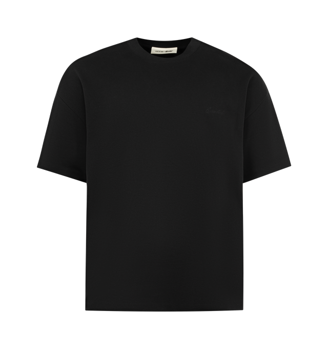Image 1 of 2 - BLACK - FEAR OF GOD ESSENTIALS Signature 90s Pique Tee featuring medium-weight cotton/poly pique kni, crewneck, 90s fit with oversized proportions and dropped shoulders, embroidered Essentials signature logo on the front and Essentials signature label at the back collar. 80% cotton, 20% polyester.