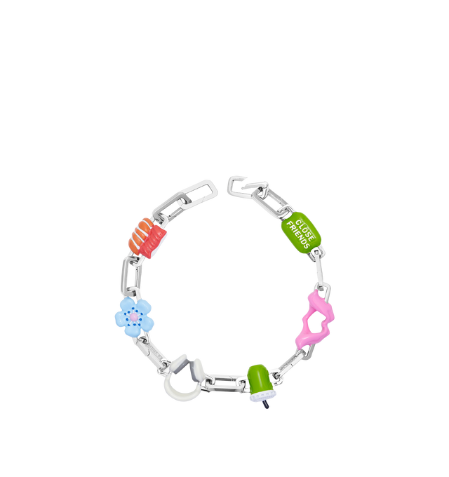 Image 9 of 9 - MULTI - Poubel by The Gstaad Guy Colton completed bracelet set. An ode to the hypebeast homies, matcha wifeys, and everything in between, The Colton Completed Set includes: 1x Close Friends Charm, 1x Heart Hands Charm, 1x Iced Matcha Charm, 1x Headphones Charm, 1x Fleur Bleue Charm (also known as The Blue Flower), 1x Sushi Charm, 9x interchangeable sterling silver links. Poubel links are made with recycled, rhodium plated, sterling silver, comprised of 92.5% pure silver and 7.5% other metal