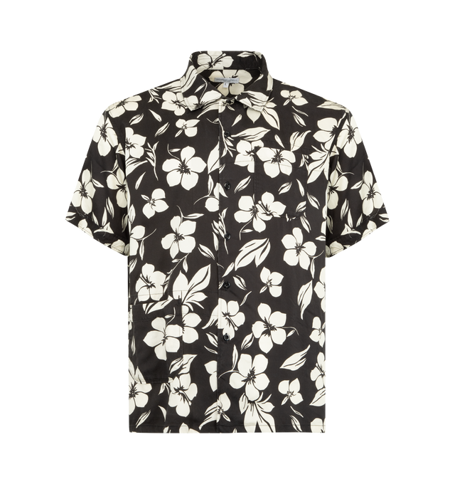 Image 1 of 2 - BLACK - ENGINEERED GARMENTS Camp Shirt featuring short-sleeves, a relaxed open collar, diagonally positioned patch pockets and button closure. 100% cotton. Made in USA.