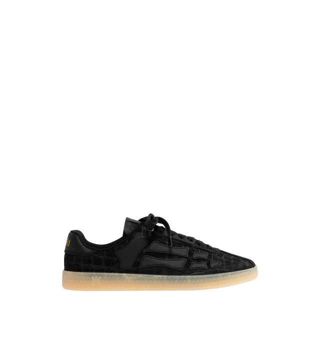 Image 1 of 5 - BLACK - AMIRI Croc Debossed Pacific Bones Sneaker featuring croc-debossed suede, low-profile, leather bone appliqus, MA icon-patterned rubber sole, suede upper, lace closure, branded tongue label and embossed branding.