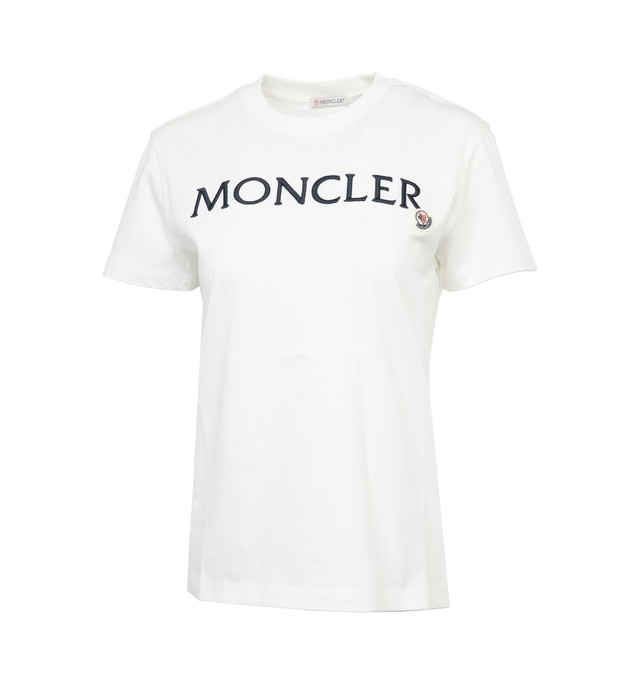 Image 1 of 2 - WHITE - MONCLER Logo T-Shirt featuring crew neck, short sleeves and embroidered logo lettering. 100% cotton. Made in Turkey. 