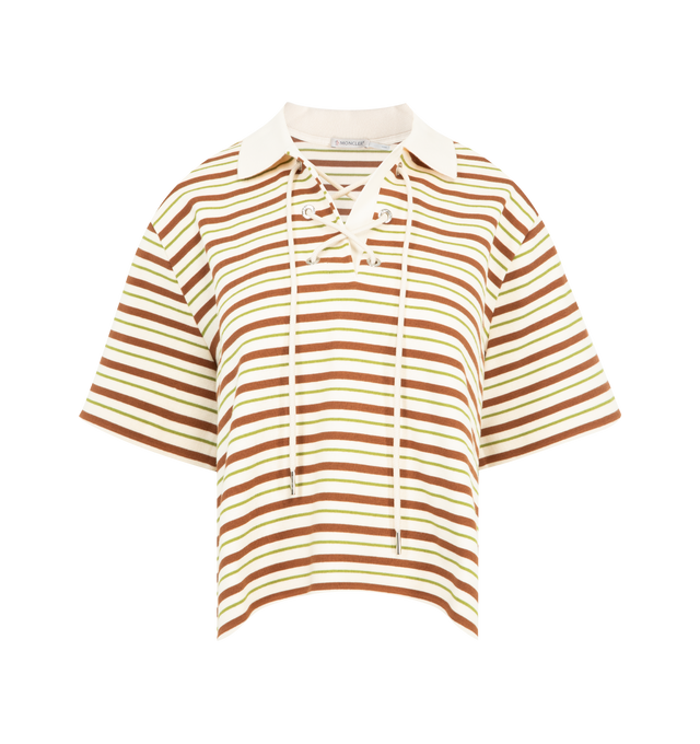 Image 1 of 3 - BROWN - MONCLER Striped Cotton Polo Shirt featuring collar with lace-up closure, short sleeves and striped print. 100% cotton.