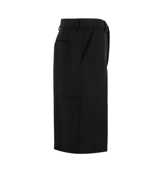 Image 3 of 3 - BLACK - Rick Owens Mens Work Shorts are crafted from wool whipcord. Feature a knee-length silhouette, button closure with belt loops, diagonal side pockets, back pockets, pressed front and back creases, and a cupro lining. Main Material: 100% Virgin Wool; Lining: 100% Cupro; Buttons: 100% Buffalo Horn. Made in Italy.