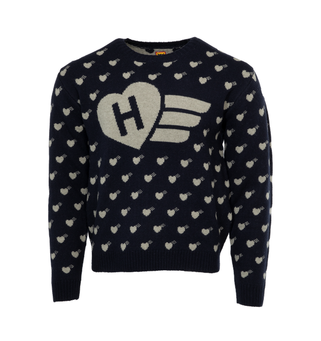 Image 1 of 4 - NAVY - HUMAN MADE Heart Knit Sweater featuring knit fabric, ribbed crewneck and intarsia branding. 100% cotton. 