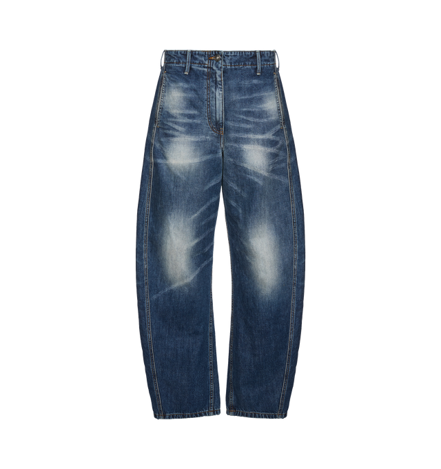 Image 1 of 2 - BLUE - MAGDA BUTRYM Denim 03 Pant featuring loose-leg, fading throughout, back welt pockets, button zip closure and leather logo patch at the waistband. 100% cotton.