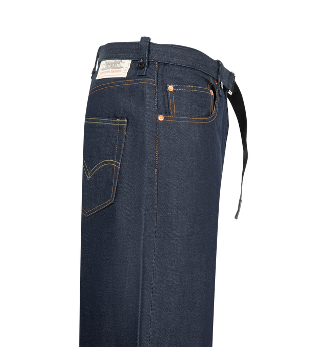 Image 4 of 8 - BLUE - Sacai X Levi's Men's Belted Wide leg pants are crafted from a medium-dark wash cotton denim and feature a high-rise waist, wide-leg silhouette, a buckled belt, signature Levi back-pocket design, and utility-inspired patch pockets. Main Material: 100% Cotton. Made in Japan.