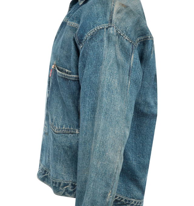 Image 3 of 3 - BLUE - JUNYA WATANABE Denim Style Blouson featuring faded effect, classic collar, front button fastening, long sleeves, chest patch pocket, buttoned cuffs and cinch strap to the rear. 100% flax. Made in Japan.