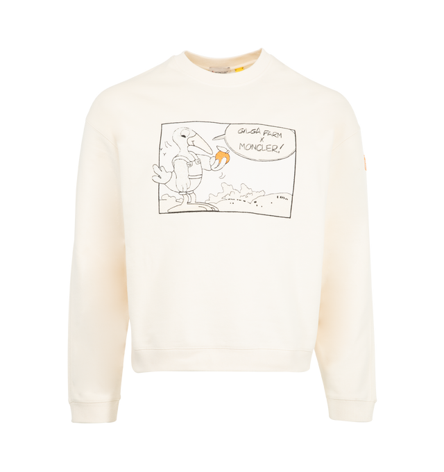 Image 1 of 3 - WHITE - Moncler x Gilga Farm Designed by Donald Glover Cotton Sweatshirt shows the brand's mascot visiting Donald Glover's Gilga farm. The playful Moncler x Gilga Farm designed by Donald Glover crew neck is crafted from soft cotton fleece.Crafted from 100% Cotton fleece featuring 95% Cotton, 5% Elastane / Spandex rib trim, 100% Polyester emboidered logo motif, crew neck, and logo patch. Made in Turkey.