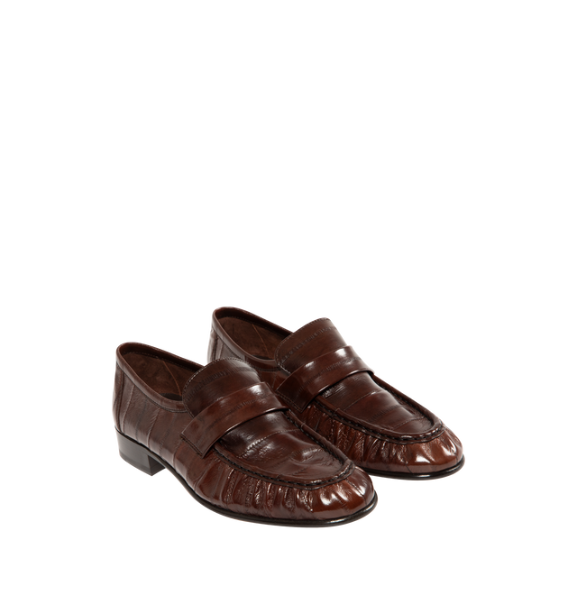 Image 2 of 4 - BROWN - THE ROW Soft Loafer in Leather featuring artisanally-crafted loafer in paneled sport nappa leather with natural pleating effect and hand-painted leather sole. 0.75 in. heel. 100% nappa leather upper. Leather lining and sole. Made in Italy.