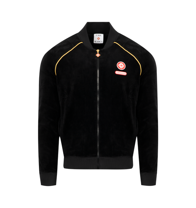 Image 1 of 3 - BLACK - CASABLANCA Velour Track Jacket featuring piping throughout, baseball collar, zip closure, embroidered logo patch at chest, side pockets and ribbed cuffs, collar and hem. 89% cotton, 11% polyamide. Made in Portugal.