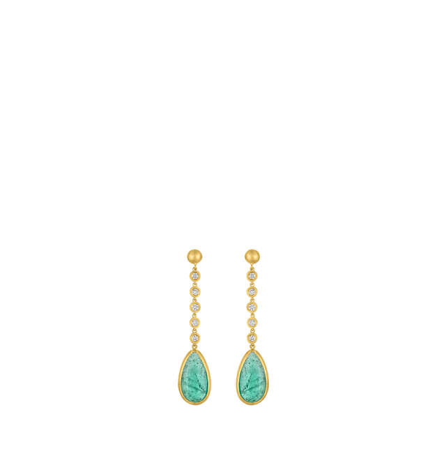 Image 1 of 3 - GOLD - Prounis Emerald and Diamond Drop Earrings are handcrafted from 22K yellow gold and feature tumbled emeralds accented with five diamonds. Total Diamond Weight: 2.3 carats. Dimensions: 56 mm x 13 mm. Handmade in New York. For personal consultation and detailed information about jewelry, please contact our dedicated stylist team at personalshopping@hirshleifers.com.This item may be restricted for online purchase to international clients. For assistance purchasing this item please contact