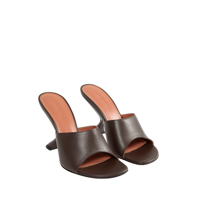 Image 2 of 4 - BROWN - AMINA MUADDI Taylor Slipper featuring rounded open toe and 90mm slanted heel. 100% lambskin. Made in Italy.