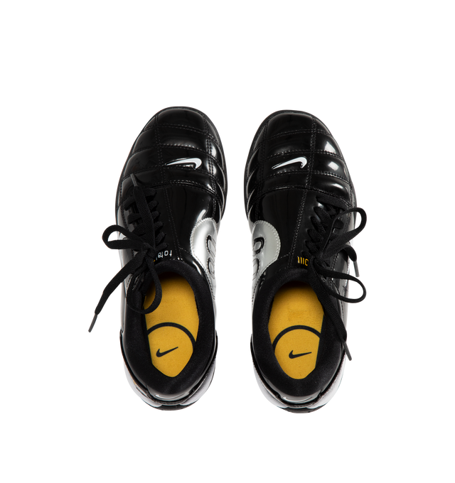 Image 5 of 5 - BLACK - NIKE T90 SP Sneaker featuring authentic soccer style, flat rubber sole, quilted upper, asymmetrical lacing, glossy black and white finish combines with Tour Yellow and Metallic Silver.