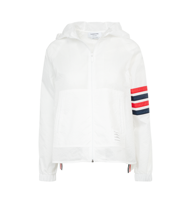 Image 1 of 3 - WHITE - THOM BROWNE Swing Anorak Jacket featuring logo patch to the front, front two-way zip fastening, classic hood, two front patch pockets, signature 4-Bar stripe, long sleeves, ribbed cuffs and straight hem. 100% polyamide.  