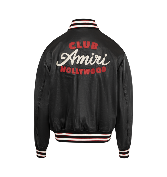 Image 2 of 3 - BLACK - AMIRI Club Amiri Leather Varsity Jacket featuring welt zipper pockets, snap button closure, and banded rib finishes. 100% leather. Lining: 100% viscose.