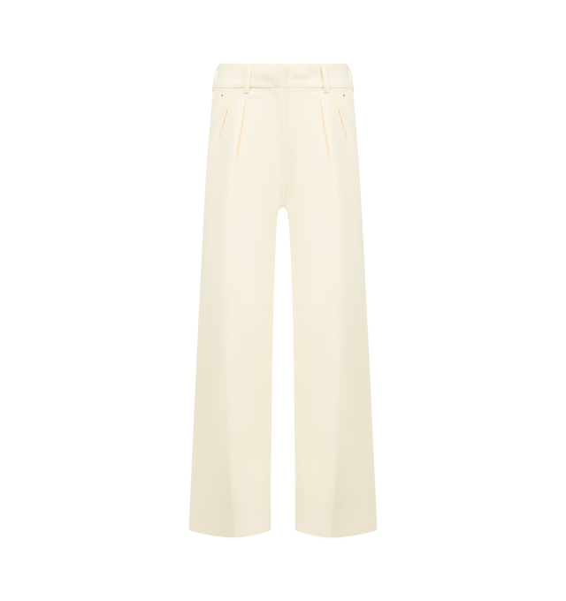 Image 1 of 3 - WHITE - MONCLER Cotton Gabardine Wide-Leg Tailored Pants featuring cotton gabardine, zipper and button closure, front pockets and leather logo patch. 100% cotton. Made in Bulgaria.