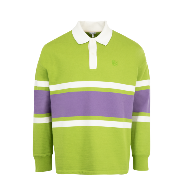 Image 1 of 2 - GREEN - LOEWE Long Sleeve Polo featuring polo collar, long sleeve with rib cuffs, stripes across middle and loose fit. Cotton.