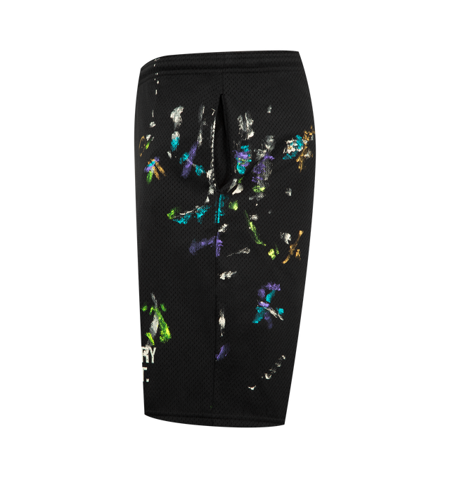 Image 3 of 3 - BLACK - GALLERY DEPT. Studio Gym Shorts featuring breathable mesh shorts with a logo print, elasticated waistband, paint-splatter details, an inner drawstring, and front slip pockets. Mesh.
