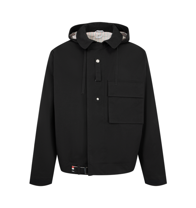 Image 4 of 4 - BLACK - Thom Browne Mens Polytech Mariner Jacket is crafted from a hard finish polyester technical material. Features a button-front closure with signature RWB detailing, flap chest pocket, cuffs, stepped hem, name tag appliqu, and signature striped grosgrain loop tab. Main Material: 100% Polyamide. Made in Italy.