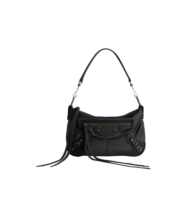 Image 1 of 5 - BLACK - BALENCIAGA Le City Moto Small Bag in black nylon, brass hardware featuring one removable shoulder strap, adjustable and removable strap, crossbody and shoulder carry, zipped closure with knotted nylon puller, front zipped pocket with knotted nylon puller, 1 main compartment, 1 inner zipped pocket and cotton canvas lining. 11" x 7.1" x 4.3". Polyamide, polyester. Made in Italy.