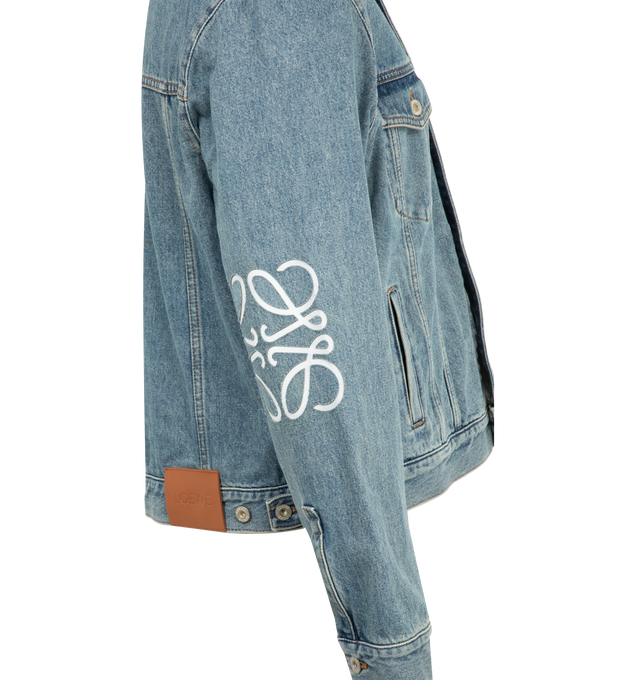 Image 3 of 3 - BLUE - LOEWE Anagram Jacket featuring regular fit, regular length, classic collar, button front fastening, buttoned cuffs, buttoned chest flap pockets, welt pockets, LOEWE embossed leather patch placed at the back and contrast Anagram cut-outs at the elbows. 100% cotton.